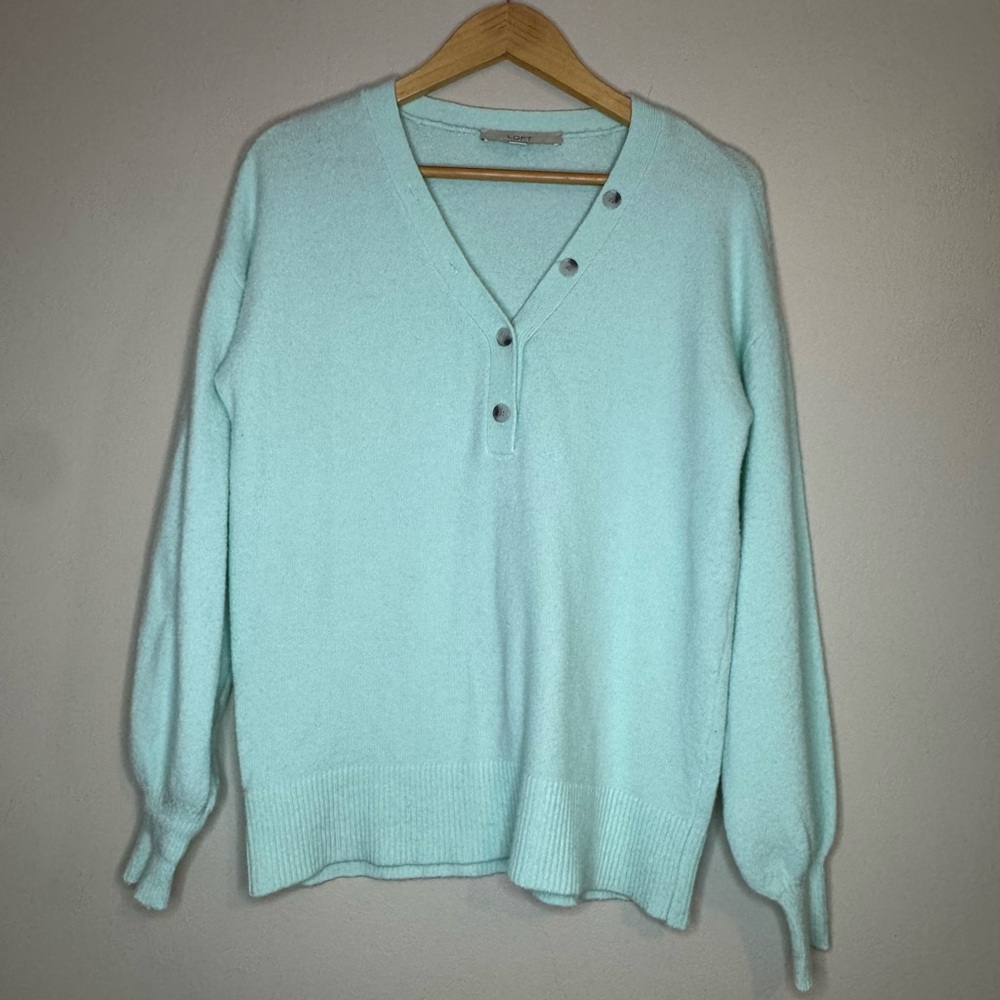 LOFT‎ Mint Green Button Henley Sweater Soft Knit Size S